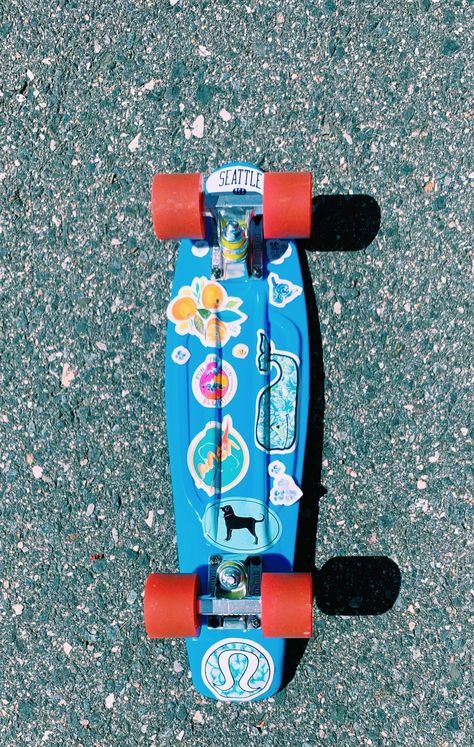 Blue VSCO penny board with stickers (my picture) Painted Penny Board, Penny Board Painting, Preppy Penny Board, Skate Board Stickers, Penny Board Aesthetic, Griptape Ideas, Penny Board Design, Penny Boarding, Hipster Hair