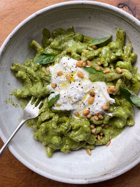 Fall Pesto Pasta, Trader Joe’s Pesto Pasta, Pesto Pasta Sauce Recipe, Pesto Pasta With Burrata, Pesto Homemade Recipes, Trenette Al Pesto Recipe, Creamy Pesto Recipe, Pesto Burrata Pasta, Pesto Pine Nut Pasta