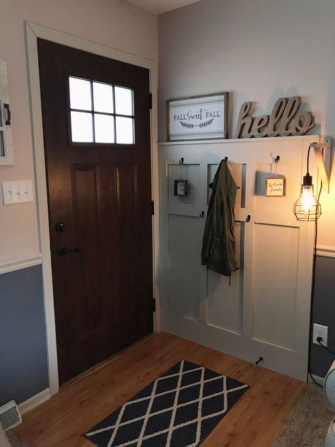 Single Wide Entry Way, Space Behind Front Door Entryway, Wall Next To Door Decor, Behind Door Entryway Small, Small Entryway Behind Door, Behind Front Door Decor Small Spaces, Front Door Opens To Stairs Entry Ways, Behind Door Entryway Ideas, How To Decorate Wall Behind Front Door