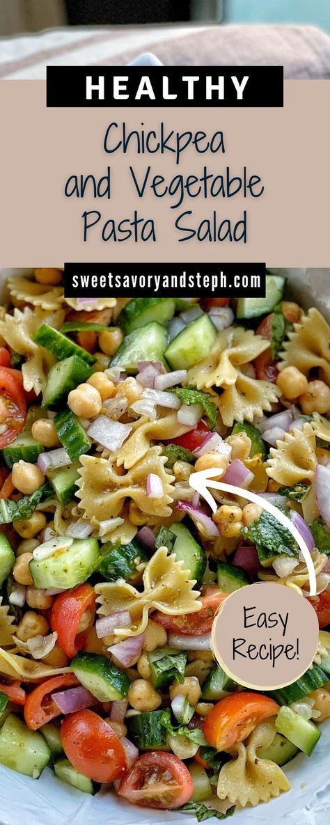 Vegan Cucumber Pasta Salad, Pasta Salad Olive Oil, Easy Lunch Salad Ideas For Work, Chic Pea Pasta Salad, Chickpea Tomato Salad, Healthy Vegan Pasta Salad, Chick Pea Cucumber Red Onion Salad, Chick Pea Pasta Dishes, Vegetarian Protein Pasta Salad