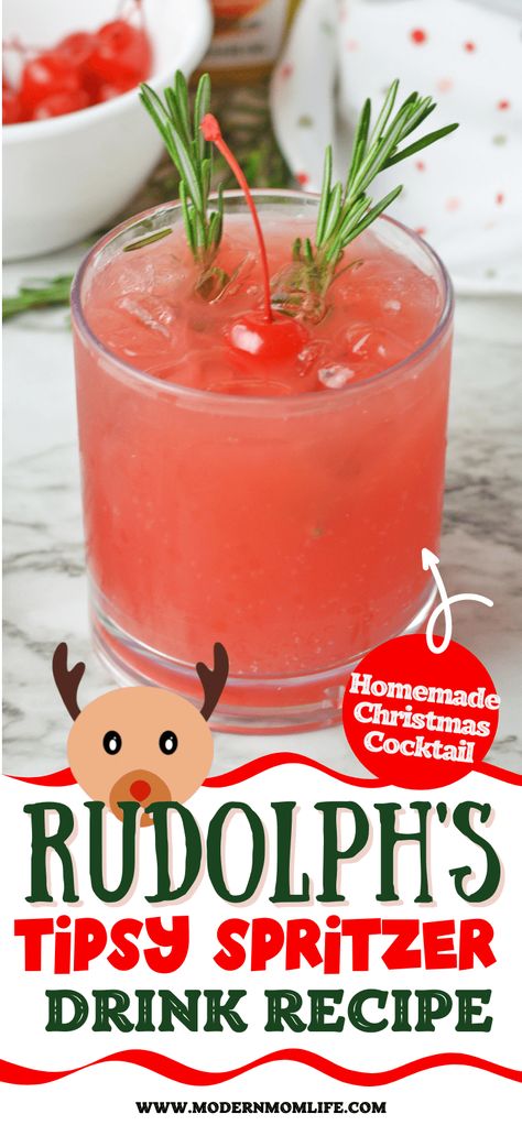 Drunken Rudolph Cocktail, Rudolph’s Tipsy Punch, Tipsy Rudolph Spritzer, Rudolf Tipsy Spritzer, Christmas Themed Mixed Drinks, Rudolph Punch Alcohol, Christmas Drink Board, Christmas Punch Ideas Alcoholic, Christmas Party Alcoholic Punch