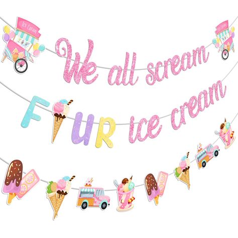 PRICES MAY VARY. Package Includes: You will receive 1 x we all scream four ice cream banner, 1 x ice cream banner garland, which can help you hold an unforgettable ice cream 4rd birthday party Easy to Use: The we all scream four ice cream banner is pre-strung and ice cream banner garland is pre-assembled, you can use the pool we provide to install the banner, and you can hang them anywhere you like, such as wall, door, table and windows, etc Unique Design: The ice cream banners are printed with Girl 4th Birthday, Glitter Ice Cream, Ice Cream Birthday Party Theme, Ice Cream Banner, Ice Cream Party Theme, Scream 4, Ice Cream Party Decorations, Twin Birthday Parties, 4th Birthday Party