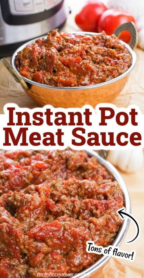 This easy Instant Pot spaghetti sauce from The Soccer Mom Blog is ready in 30 minutes, but tastes like it has been cooking all day! If your family loves spaghetti night, this tasty meat sauce is sure to be a hit! And it’s quick enough for busy weeknights! Try this quick and easy instant pot recipe today! Spaghetti Sauce Instant Pot, Instant Pot Meat Sauce, Instant Pot Meat, Instant Pot Spaghetti Sauce, Easy Instant Pot Spaghetti, Homemade Spaghetti Meat Sauce, Ground Beef Spaghetti Sauce, Pressure Cooker Spaghetti, Italian Spaghetti Sauce