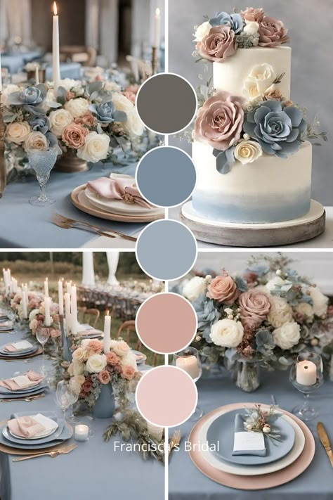 Dusty Rose Color Scheme Wedding, Fall Colour Wedding Theme, Dusty Blue Navy And Blush Wedding, Colors For June Wedding, Dusty Rose Theme Wedding, Wedding Colors Schemes Winter, Spring Palette Wedding, Trendy Wedding Colors 2024, Winter Wedding Color Palette Blue