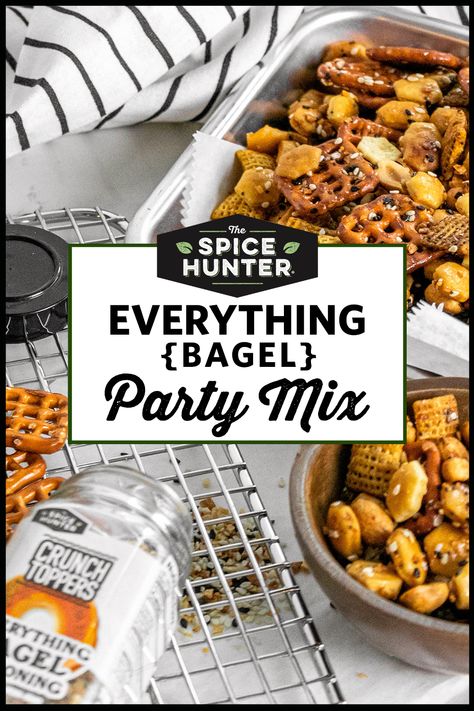 Everything Bagel Crunch is taken to a new level with this Everything Party Mix. Everything Bagel Chex Mix Recipes, Everything Bagel Oyster Crackers, Bagel Snack Ideas, Bagel Party, Party Mix Recipe, Bagel Dip, Night Recipes, Oyster Crackers, Chex Mix Recipes