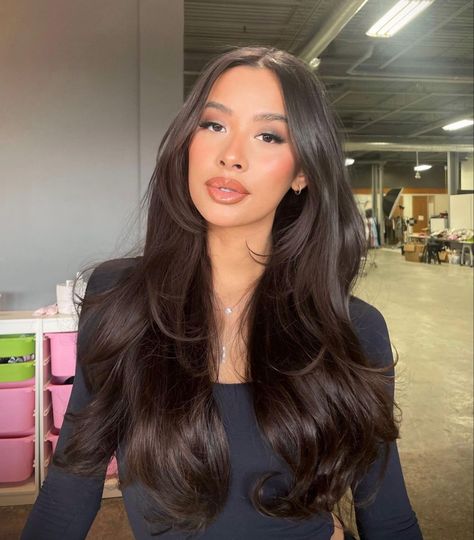 Haircut For Brunettes Long, Long Layered Hair On Short Hair, Full Curled Hair, Expensive Brunette Money Piece, Dark Chocolate Brown Hair No Highlights, Long Layer Blowout Hair, Brown Hair Front Layers, Dark Brown With Layers, Long Layers With Face Framing Pieces Black Women