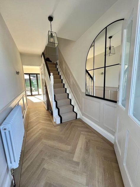 Half White Wall, Hallway Landing, Stairs Hallway, House Renovation Design, Home Stairs, Staircase Interior Design, Stairs Design Interior, House Staircase, Home Hall Design