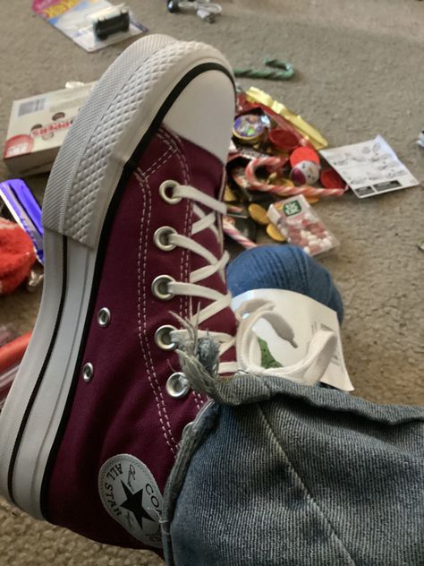 #converse Dark Purple Converse, Dark Red Converse, Knee High Converse, High Converse, Maroon Converse, Converse Aesthetic, Purple Converse, Wardrobe Makeover, Red Converse