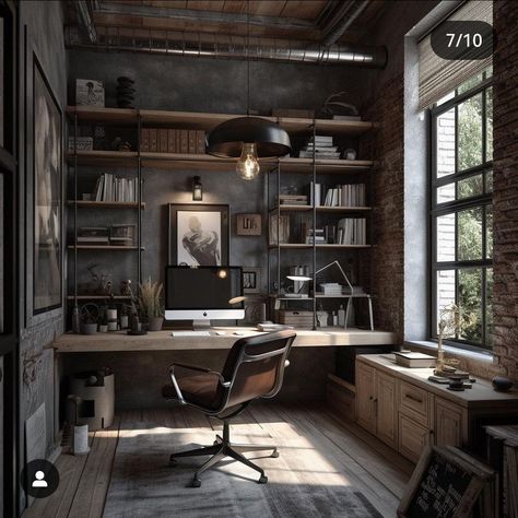 Modern Industrial Interior, Office Desk Designs, Industrial Home Design, Industrial Interior Design, Home Office Setup, Industrial House, Pole Barn, Desk Design, Office Interior Design