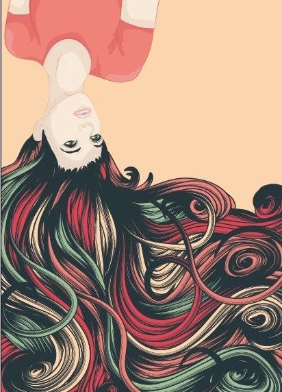 I think this image is a good example of an organic illustration. There is a lot of hair thus creating many curves. It's as if her hair was actually the ocean, which is what I find most fascinating about this design. The curves of her hair look like the waves of the ocean and that is beautiful. Organic Illustration, Sketch Hair, Women Unite, Hair Vector, Hanging Upside Down, Hair Illustration, Drawing Hair, Drawing Stuff, Design Principles