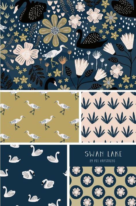 Decorate Accents Swan Pattern Design, Surface Pattern Collection, Mel Armstrong, Lake Pattern, Wrap Wallpaper, Surface Pattern Design Inspiration, Nursery Patterns, Pattern Design Inspiration, Wrapping Paper Design