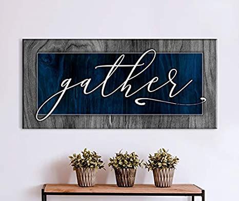 Sense of Art | Gather V2 | Pantry Sign | Pictures For Living Room | Dining Room Wall decor | Farmhouse Decor | Kitchen Decor | Gather Signs For Home Decor (Dark Blue, 42x19) Blue And Brown Kitchen Decor, Navy Blue Kitchen Decor, Lake House Kitchen Decor, Dining Room Wall Decor Farmhouse, Gather Signs, Blue Dinning Room, Home Decor Dark, Navy Living Rooms, Pantry Sign