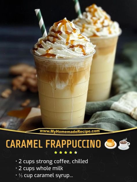 Homemade recipes | Caramel Frappuccino 🍮☕ Now you can make your favorite Starbucks Frappuccino at home | Facebook Coffee Frappuccino Recipe, Homemade Frappuccino Recipe, Starbucks Recipes At Home, Frappuccino Recipes, Starbucks Caramel Frappuccino, Starbucks Frappuccino Recipe, Coffee Frappe, Drinks Starbucks, Café Starbucks