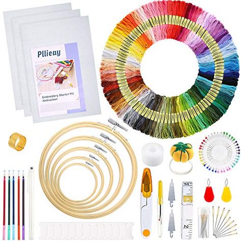 Pllieay 205 Pieces Full Range of Embroidery Starter Kit with Instructions, 5 Pieces Bamboo Embroidery Hoops, 100 Colo... Embroidery Kit Packaging, Beginning Embroidery, Cross Stitch Thread, Aida Cloth, Embroidery Tools, Diy Embroidery Patterns, Hand Embroidery Kit, Halloween Embroidery, Different Stitches