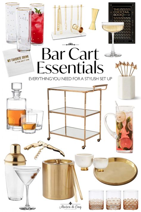 Do you want an easy formula for bar cart styling? We're sharing all the essentials you need to be styling your bar cart like a pro in minutes!--->#maisondecinq barcart barcartstyling barware entertaining entertainingideas entertainingessentials cocktails cocktailparty partyideas Mini Bar Styling Ideas, Everyday Bar Cart Styling, Gold Beverage Cart, Bar Cart Styling Gold, Mcm Bar Cart Styling, 70s Aesthetic Bar Cart, Bar Cart Essentials List, Bar Cart Styling Girly, Small Mini Bar Ideas Apartments