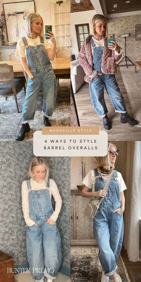 Wondering how to style barrel leg overalls? Well, here’s some fashion inspo! I can’t get enough of Free People Barrel Overalls - they are my style to a tee, and I find myself grabbing them constantly. Overalls are the perfect on-the-go mom look that helps you feel put together but still comfortable. Dive into this blog post to discover four ways to style these overalls and stay tuned for a daily dose of outfit ideas! Hunter Premo. 4 Ways to Style Barrel Overalls How To Style Bib Overalls, Barrel Overalls Outfit, Wide Leg Overalls Outfit, Jeans Overall Outfit, Styling Overalls, Hunter Premo, Free People Overalls, Boys Fall Fashion, Baby Nursery Inspiration