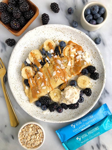 Easy Collagen Breakfast Crepes made with gluten-free and dairy-free ingredients for a simple and healthy breakfast crepe! Crepes Recipe Breakfast, Healthy Crepes, Crepe Ingredients, Menu Sarapan Sehat, Breakfast Crepes, Crepe Recipes, Grass Fed Butter, Healthy Eats, Gluten Free Dairy Free