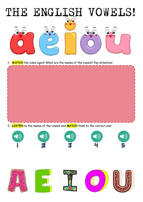 English Vowels - Interactive worksheet Aeiou Vowels Chart, Vowel Letters Activities, Vowels Craft, Vowels Letters, Vowel Letters, English Vowels, Vowels Worksheet, Short E Sound, Vowel Chart