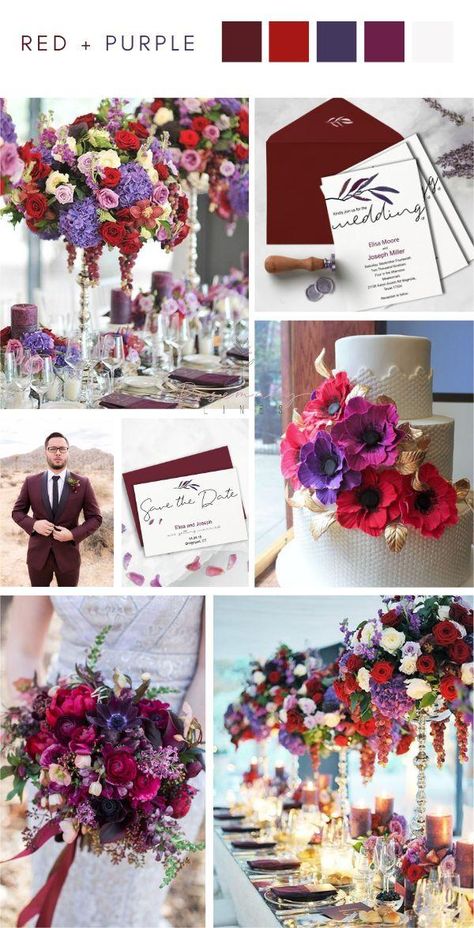 ❤️💜20 Red and Purple Wedding Color Ideas 2023 Red And Purple Winter Wedding, Purple Red And Silver Wedding, Red White And Purple Wedding, Red Violet Wedding Theme, Purple Red Gold Wedding, Blue Purple Scarlet Wedding, Red Color Schemes Wedding, Red And Dark Purple Wedding, Red Purple Wedding Decorations