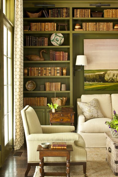 . Sofa Flanked By Bookcases, Full Wall Library, Chartreuse Living Room, Green Study Room, Green Built Ins, Couch Against Wall, Green Home Office Ideas, Classical Room, Classical Library