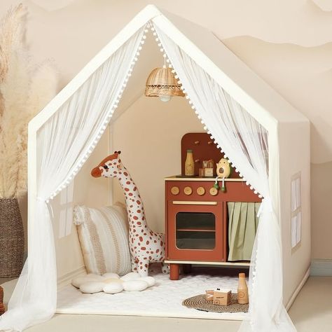 Kids Tent Beige Play Tent with Long Mesh Curtain and Mat - On Sale - Bed Bath & Beyond - 39680448 Large Playhouse, Play Cottage, Bunk Room Ideas, Mesh Curtain, Kids Tent, Fairy Room, Fabric Drape, Hudson Homes, Boho Baby Girl