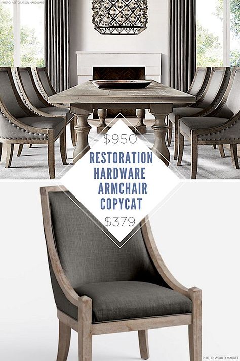 If you've always dreamed of having a Restoration Hardware dining room, you need this Restoration Hardware copycat in your life! These dining chairs are perfect dupes for Restoration Hardware's 19th Century French Empire Fabric Armchair. These linen fabric chairs are so classic and elegant - I love the distressed wood. #dupes #inspo #style #design #lookalike Rh St James Dining Table, Restoration Hardware Dining Room Chairs, Restoration Hardware Bar Stools, Arhaus Dining Chairs, Restoration Hardware Dining Room Ideas, Rh Dining Room Ideas, Restoration Hardware Round Dining Table, Restoration Hardware Maison, Dining Room Restoration Hardware