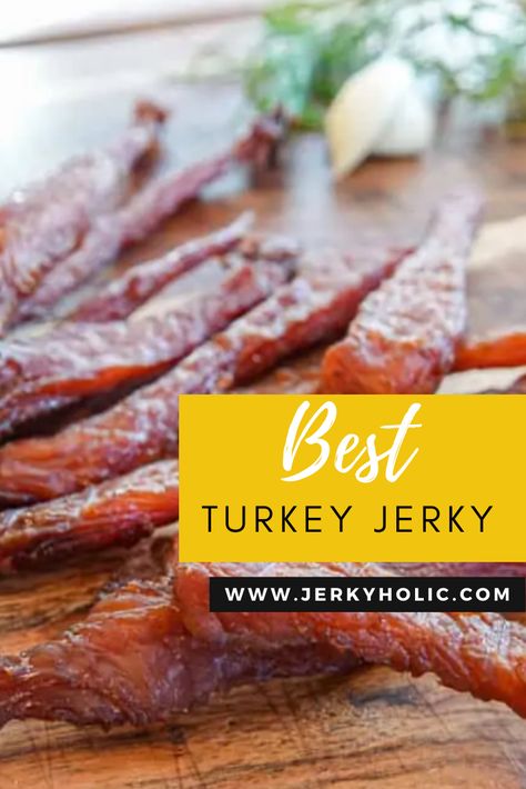 Close up of pieces of turkey jerky on a wooden background. Chicken Jerky Recipes Dehydrator, Ham Jerky Recipes, Ground Turkey Jerky Recipe Dehydrator, Smoked Turkey Jerky Recipe, Chicken Jerky Recipes, Ground Turkey Jerky Recipe, Turkey Jerky Recipe Dehydrator, Smoker Jerky Recipes, Turkey Jerky Recipe