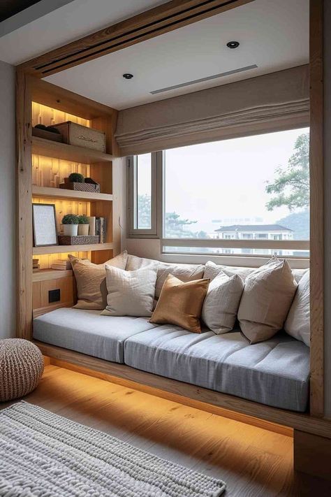 Nook Bedroom Ideas, Bedroom Nook Ideas, Bedroom Reading Corner, Relaxation Corner, Cozy Window, Japanese Style Bedroom, Cozy Window Seat, Bed Nook, Window Nook