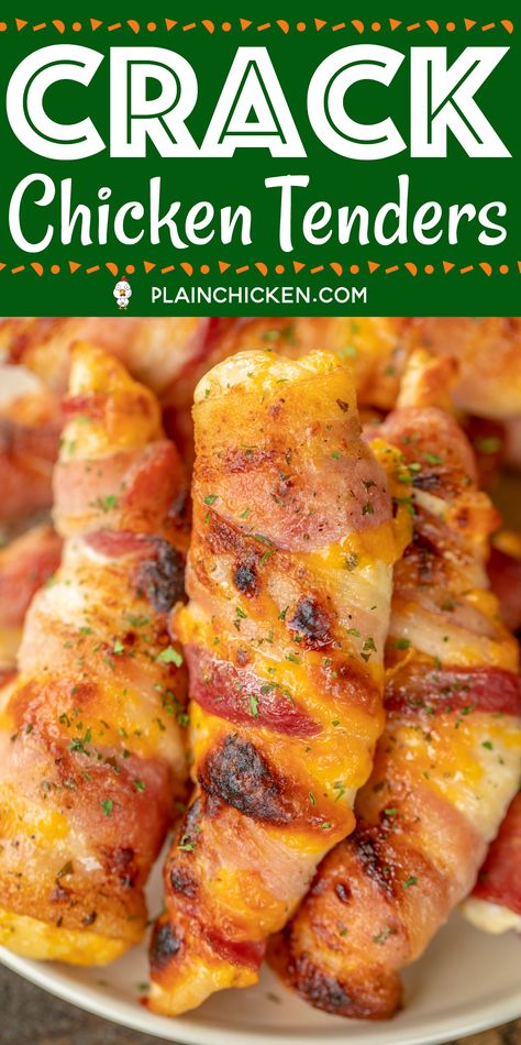 Crack Chicken Tenders - CRAZY good!! Chicken tenders seasoned with ranch, topped with cheese and wrapped in bacon. SO easy and SOOO delicious!!! Great for a quick lunch or dinner or tailgating! Dip in additional ranch dressing. I always have to double the recipe! This easy chicken recipe doesn't last long! #chicken #bacon #cheese #chickenrecipe #bakedchicken Chicken Bacon Ranch Tenders, Bacon Wrapped Chicken With Cheese, Chicken Strip Recipes Crockpot, Chicken Tenders For A Crowd, Chicken Strip Appetizers, Baked Bacon Wrapped Chicken Tenders, Quick Chicken Tender Recipes, What To Make With Chicken Tenders, Recipes Using Chicken Tenderloins