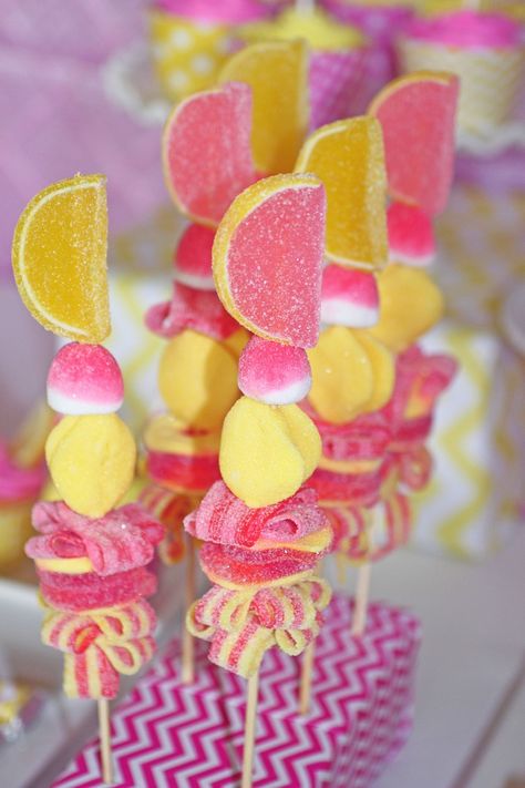 Need a Wedding Shower Theme? Plan A Candy-Inspired Bridal Shower with This Tutorial - CandyStore.com Pink Lemonade Stand, Lemonade Stand Birthday Party, Lemonade Stand Birthday, Lemonade Stand Party, Pink Lemonade Party, Candy Kabobs, Bar A Bonbon, Lemonade Party, Wedding Shower Decorations