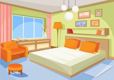 Vector cartoon illustration interior orange-blue bedroom, a living room with a bed, soft chair Free Vector Bed Cartoon, Interior Paint Colors For Living Room, Bedroom Cartoon, Spiritual Room, Design Ložnic, Child Bedroom, Children Room Boy, Soft Chair, Living Room Background