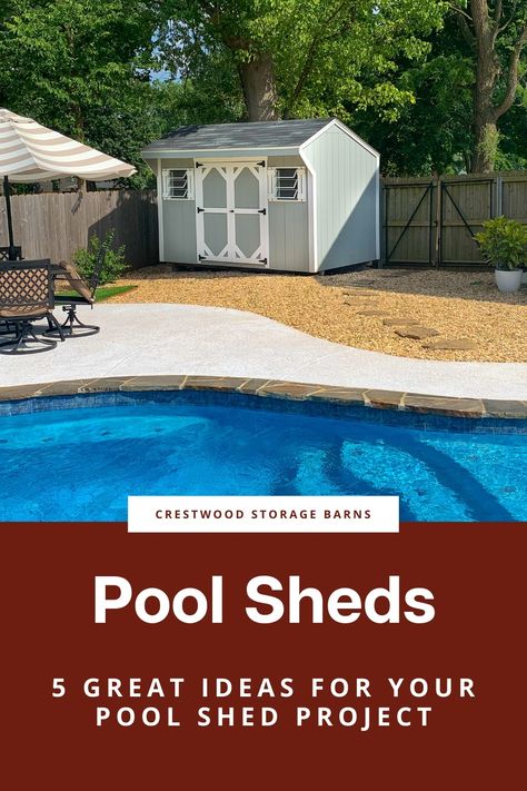 Pool Shed Change Room Ideas, Pool And Shed Backyards, Simple Pool House Shed, Small Pool Shed Ideas, Pool Shed Storage Ideas, Pool Toys Storage Ideas, Pool Shed Organization, Pool House Storage Ideas, Pool House Shed Ideas