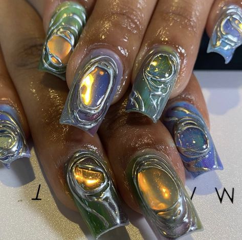 90s Whimsigoth Nails, Grunge Fairy Nails, Neo Soul Nails, Bitten Nails Painted, Hexcore Nails, Nail Designs Earthy, Lost Lands Nails, Forest Fairy Nails, Labradorite Nails