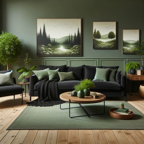 sage green walls and black furniture Black And Green Lounge Room, Light Green And Black Living Room, Green And Dark Gray Living Room, Sage Green And Black Living Room Decor, Black Sofa Green Wall, Black And Sage Living Room, Green Walls Living Room Decor, Green Sofa Green Wall, Black And Sage Green Living Room