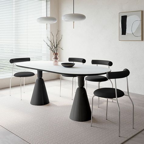 Modern Stone Ellipse Dining Table with Double Pedestal Base Table for Dining Room - 70.9"L x 31.5"W x 29.5"H Without Chairs Dining Table And Black Chairs, Breakfast Nook Set, Pedestal Table Base, Black Chairs, Shoe Rack Living Room, Metal Table Top, Oval Dining Table, Base Table, Dinette Sets