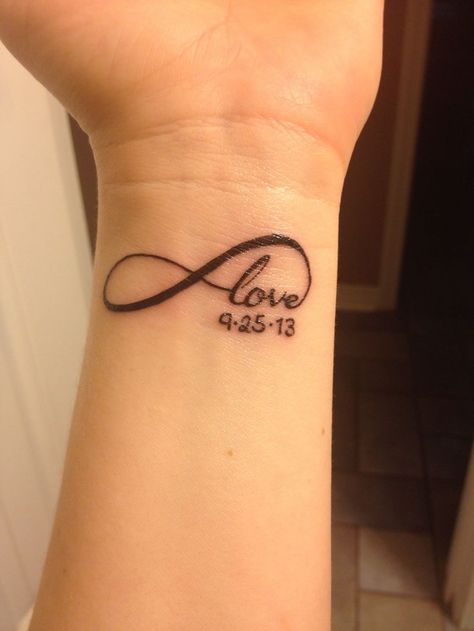 infinty birthdate tattoo | Love Infinity tattoo with child's birthdate Pinterest Relationship, Date Tattoo Ideas, Birthdate Tattoo, Datum Tattoo, Marriage Tattoos, Font Tato, Date Tattoo, Anniversary Tattoo, Hanya Tattoo