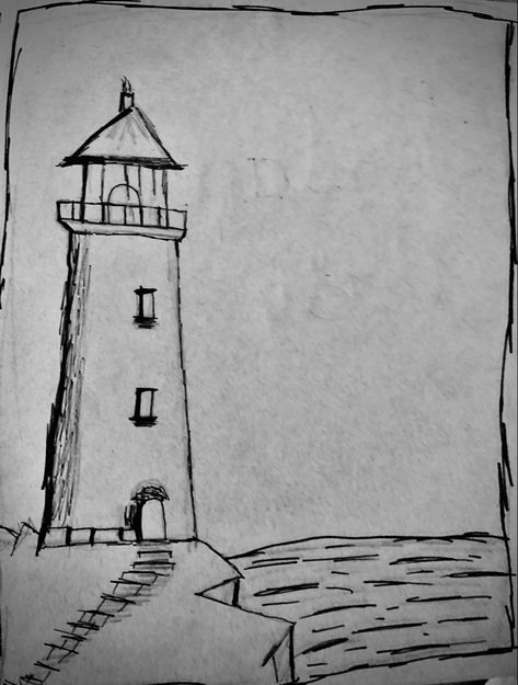 Simple Lighthouse Drawing, Light House Drawing Easy, Lighthouse Drawing Simple, Light House Drawing Sketches, Simple Beach Drawings, Water Drawing Simple, Easy Boat Drawing, Beach Drawing Ideas, Simple House Drawing