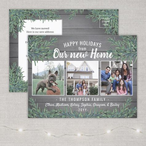 Any Text 3 Photo New Home Farmhouse Greenery Wood Holiday Postcard Moving Announcement Postcard, Magnetic Business Cards, New House Announcement, Moving Announcements, Farmhouse Holiday, Holiday Postcard, Address Card, Christmas Greenery, Our New Home