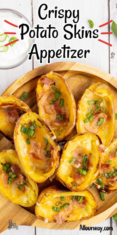 Pinterest image of title overlay for the Crispy Potato Skins Recipe for appetizer dippers. Potatoe Skins Recipe Easy, Potato Skins Appetizer, Bacon Potato Casserole, Baked Sweet Potato Casserole, Potato Skins Recipe, Fancy Appetizer Recipes, Crispy Potato Skins, Broccoli Potato Soup, Baked Potato Skins