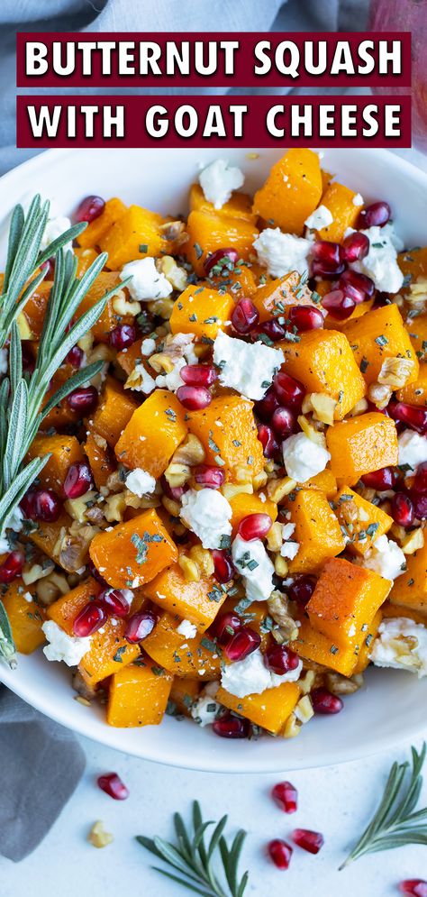 Roasted Butternut Squash With Goat Cheese, Roasted Butternut Squash Thanksgiving, Butternut Squash Pomegranate Recipes, Roasted Squash Thanksgiving, Holiday Butternut Squash Recipes, Butternut Squash Goat Cheese Salad, Butternut Squash Recipes Goat Cheese, Butternut Side Dish, Butternut Squash Christmas Recipes