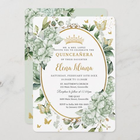 Butterfly Sweet 16, Green Quinceanera Theme, Vintage Sage Green, Sage Green Flowers, Quinceanera Themes Dresses, Gold Save The Dates, Melissa Sweet, Quinceanera Planning, Green Invitations