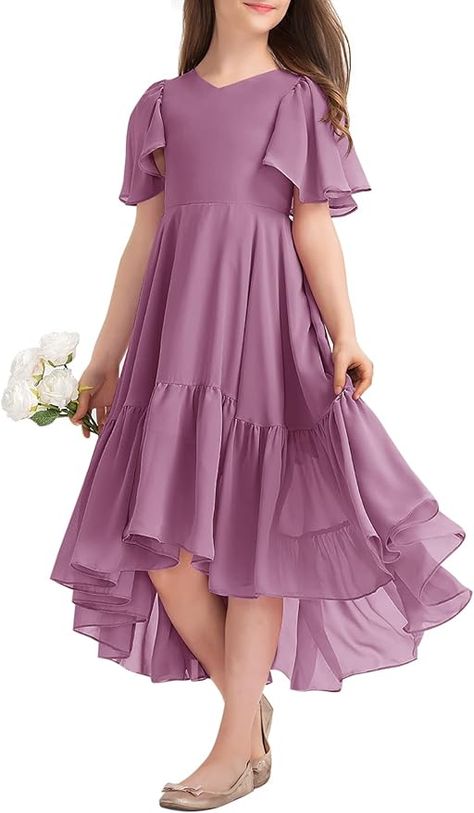 Amazon.com: Girls Ruffle Dresses Casual A Line V Neck Short Sleeve Flowy High Low Long Maxi Junior Bridesmaid Party Dress: Clothing, Shoes & Jewelry Ruffle Dress Casual, Teenage Dress, Girls Ruffle Dress, Casual Elegant Style, Junior Bridesmaid Dress, Frocks For Girls, Flounced Dress, Kids Dresses, Frock Design