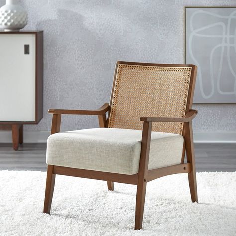 The Hannah Wood Frame Armchair by Lifestorey features beautiful cane back in a natural color which will enhance any room in your home. Fashionable Mid-Century modern style, this chair is crafted with real cane and solid sustainable rubberwood in a rich walnut finish. Generously padded foam cushioning provides added comfort, upholstered in a neutral beige linen-look fabric. Designed with a removable seat cushion that allows you to adjust the appearance of the chair, along with easy cleaning. Chai Cane Back Accent Chair, Wood Accent Chairs For Living Room, Rattan Chair Living Room, Cane Accent Chair, Accent Chairs For Bedroom, Wood Accent Chair, Transitional Home Office, Wood Frame Arm Chair, Cane Back Chairs