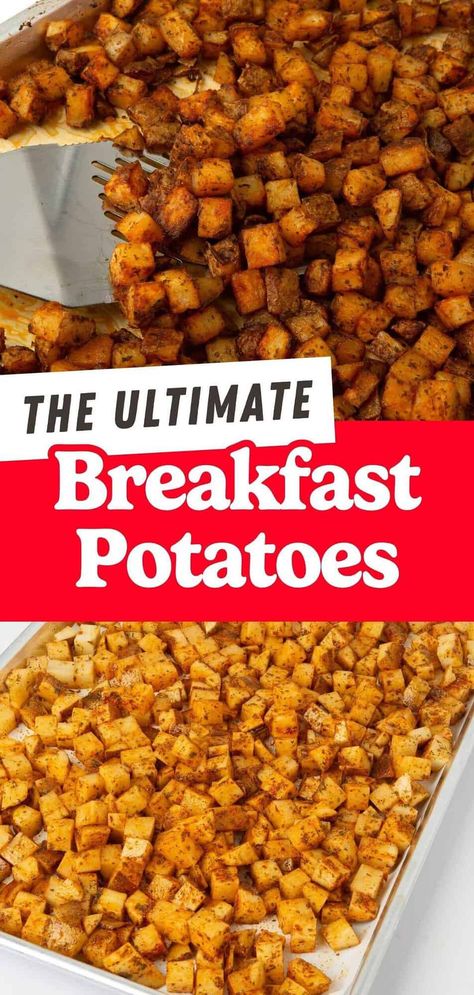 These breakfast potatoes are a great addition to any breakfast spread. They're seasoned with just a few pantry staples and roasted to crispy perfection in the oven. Perfect for large family breakfasts! Potato Seasoning Recipe, Breakfast Baked Potatoes, Homestyle Potatoes, Roasted Breakfast Potatoes, Crispy Breakfast Potatoes, Potato Breakfast Recipes, Breakfast Potato Casserole, Breakfast Spread, Canned Potatoes