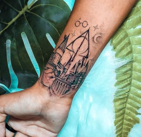 Harry Potter Upper Arm Tattoo, Harry Potter Elbow Tattoo, Dumbledore Tattoo Ideas, Harry Potter Gryffindor Tattoo, Harry Potter Collage Tattoo, Harry Potter Arm Tattoo Ideas, Harry Potter Sternum Tattoo, Mirror Of Erised Tattoo, Harry Potter Sleeve Tattoo For Women