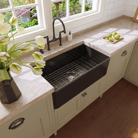 Whitehaus Collection Gothichaus Fireclay 30" x 18" Sink with a Swirl Design Front Apron and a Fluted Front Apron | Wayfair Black Farmhouse Sink, Vintage Farmhouse Sink, Temple Building, Single Basin Kitchen Sink, White Farmhouse Sink, Black Kitchen Sink, Apron Sink Kitchen, Sink Grid, Homeward Bound