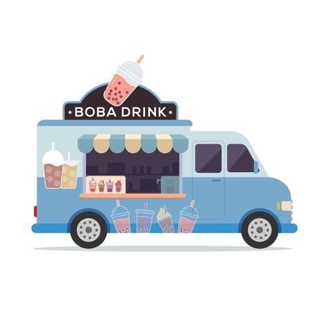 Boba drink truck vector flat illustration Food Truck Drawing, Boba Truck, Art Brainstorm, Circus Props, Street Food Design, Truck Cakes, Boba Drink, Cake Illustration, Food Truck Design