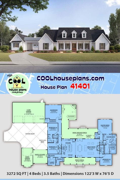 A 3272 sq ft Country home plan that offers 4-bedrooms. This farmhouse plan has a HUGE covered rear wrap porch/outdoor living area, four bathrooms, outdoor kitchen, outdoor fireplace, Island/bar, Jack and Jill bathroom, large master suite, covered front porch, porte cochere, motor court, 4 car garage parking, large game room and open floor plan. Build your new farmhouse with home plans from COOL House Plans, order today! 4 Bedroom House Plans Open Floor Jack And Jill, House Plans With Jack And Jill Bathroom Open Floor, Four Car Garage House Plans, House Plans With 4 Car Garage, House Plan With Porte Cochere, Floor Plans With Game Room, House Plans With Large Kitchen, House Plans With Game Room, Porte Cochere House Plans