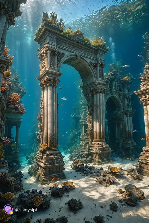 Dive into the mystical underwater world where ancient temples of sea gods reside. Created by Stable Diffusion, this image merges architectural majesty with oceanic serenity, offering a glimpse into a submerged realm of mythology. #UnderwaterRuins #MythicalArchitecture #AIImagery Underwater Ruins Fantasy Art, Magical Underwater World, Ancient World Aesthetic, Underwater Kingdom Fantasy Art, Underwater Cathedral, Underwater Facility, Dnd Underwater, Atlantis Ruins, Underwater Structures