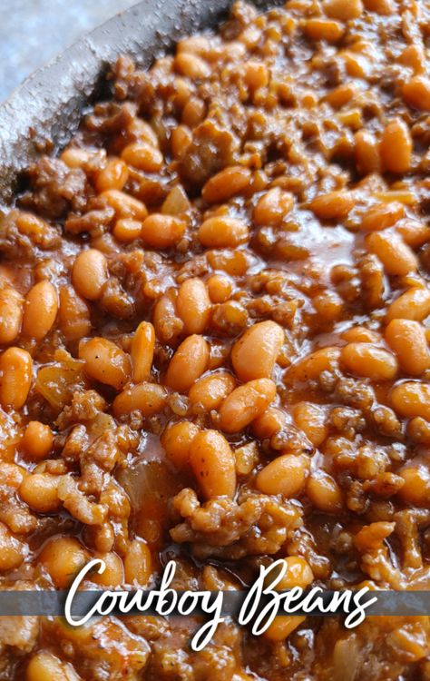 Cowboy Beans! A hearty recipe made with pork n' beans, ground beef, sausage, brown sugar and a simple sauce that's perfect for cookouts, barbeques and covered-dish affairs (finish in crock pot or on the stove). Crockpot Baked Beans With Sausage, Chili With Pork And Beans, Hamburger Pork And Beans Casserole, Recipes Using Pork And Beans, Pork N Beans Baked Beans, Bake Beans With Sausage, Crock Pot Pork And Beans, Recipes With Pork And Beans, Cowboy Baked Beans Crockpot